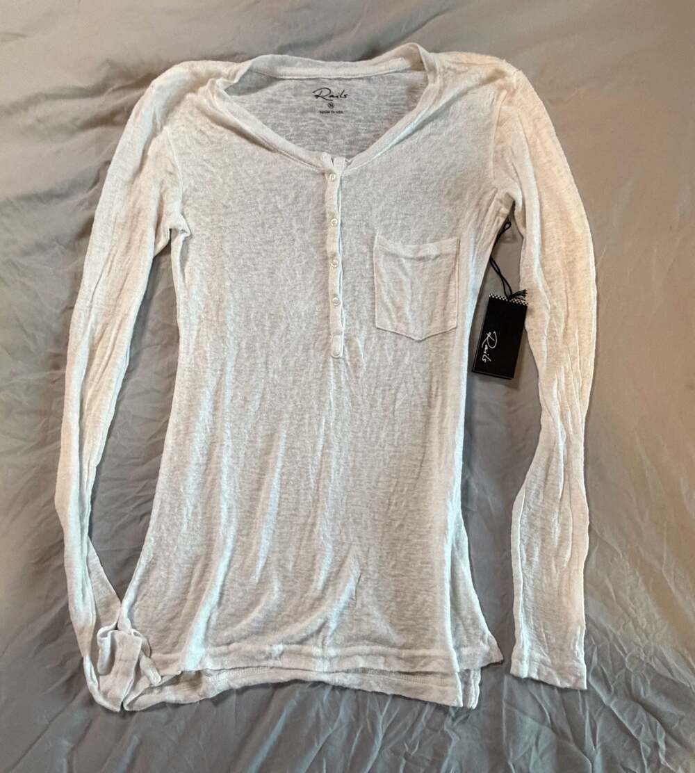 Rails Ivory Sheer Slub Knit Pocket Henley Long Sleeve Top
